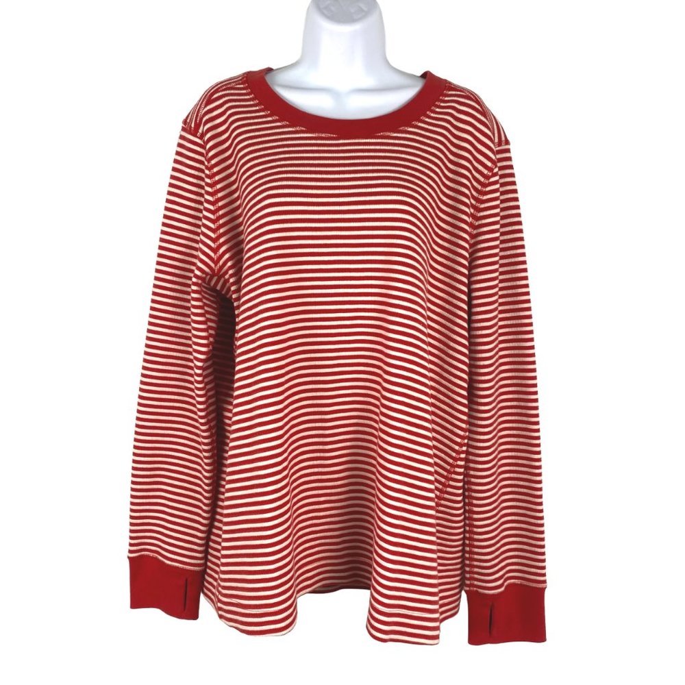 Duluth Trading Waffle Crewneck Top Long Sleeve Red White Striped Women's 2XL